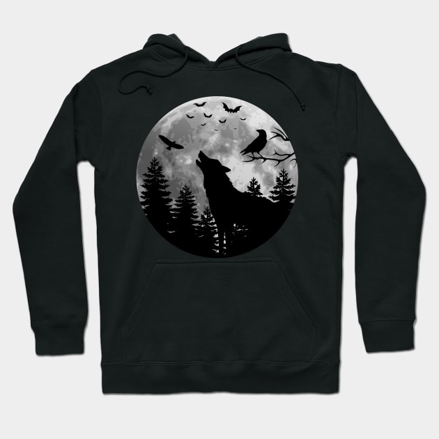 Wild Howling Wolf in the forest with raven eagle and bat Hoodie by Cute Tees Kawaii